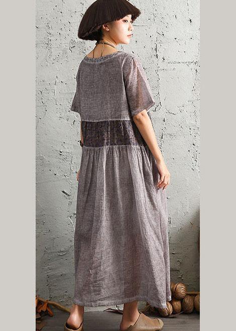 Simple gray short sleeve cotton dresses patchwork cotton summer Dresses - SooLinen