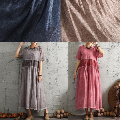 Simple gray short sleeve cotton dresses patchwork cotton summer Dresses - SooLinen