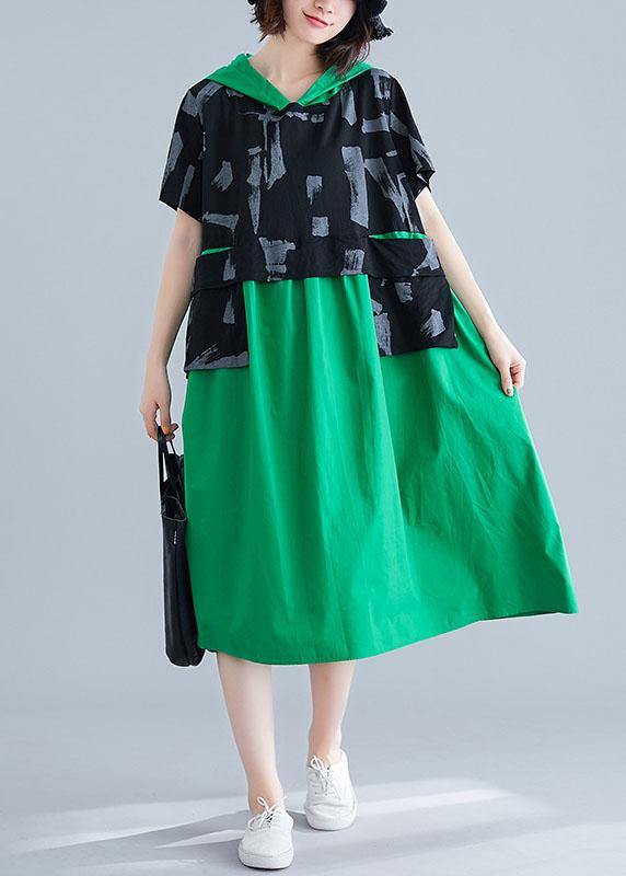 Simple green hooded cotton clothes patchwork Art summer Dresses - SooLinen