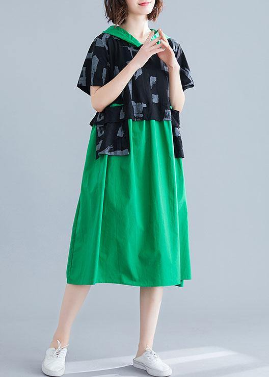 Simple green hooded cotton clothes patchwork Art summer Dresses - SooLinen