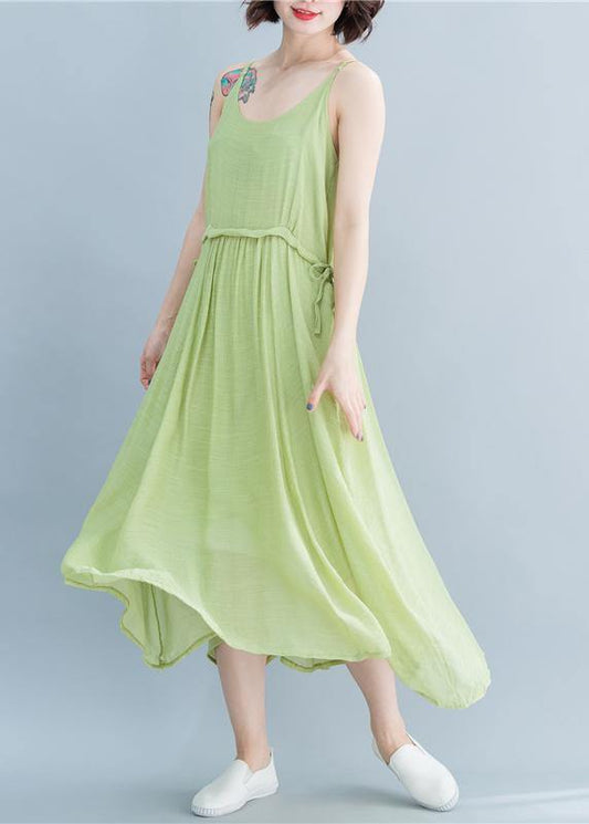 Simple green linen dresses Spaghetti Strap drawstring loose summer Dresses - SooLinen