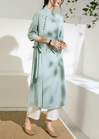 Simple green tunic top stand collar tie waist Dress - SooLinen