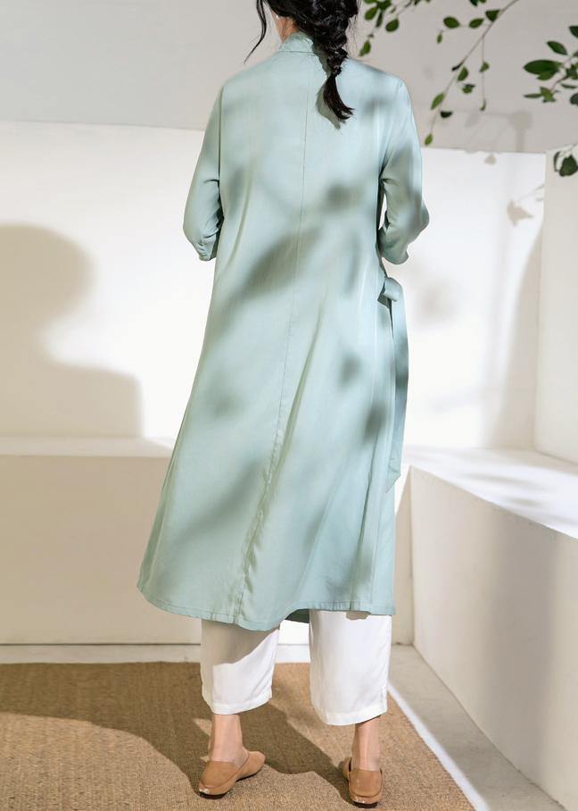 Simple green tunic top stand collar tie waist Dress - SooLinen