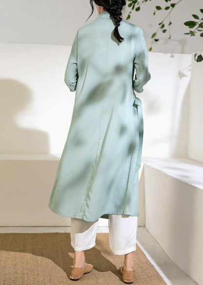 Simple green tunic top stand collar tie waist Dress - SooLinen
