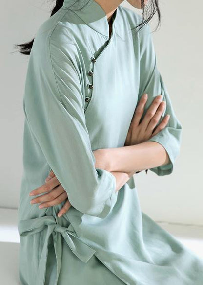 Simple green tunic top stand collar tie waist Dress - SooLinen