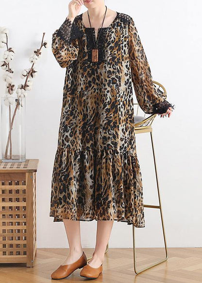 Simple lapel patchwork chiffon dress Casual Work Outfits Leopard A Line Dress - SooLinen