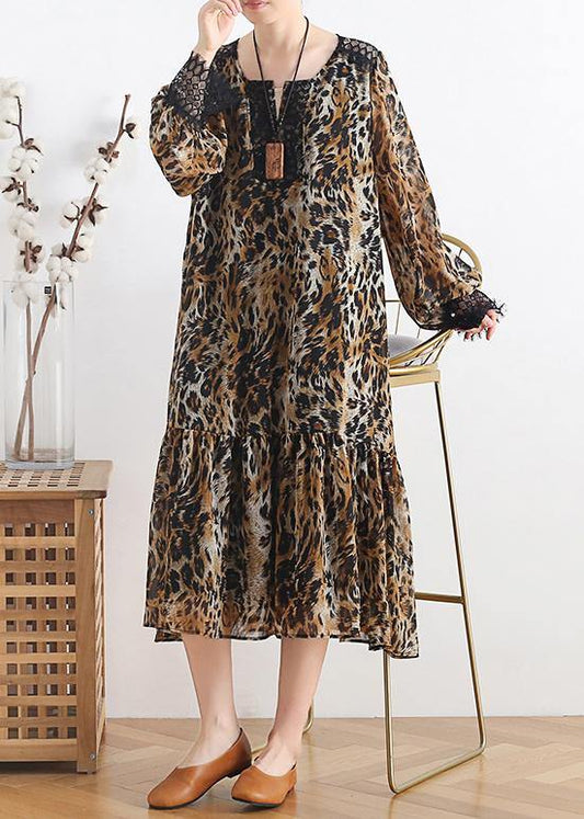 Simple lapel patchwork chiffon dress Casual Work Outfits Leopard A Line Dress - SooLinen