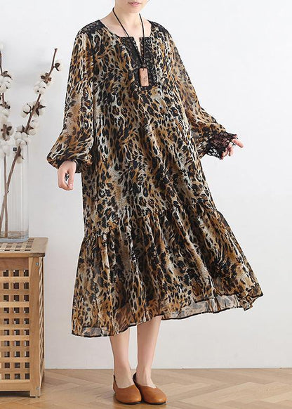 Simple lapel patchwork chiffon dress Casual Work Outfits Leopard A Line Dress - SooLinen