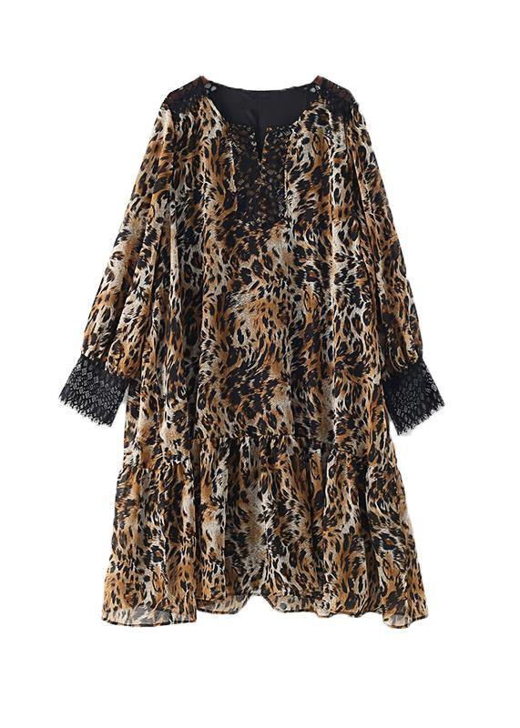 Simple lapel patchwork chiffon dress Casual Work Outfits Leopard A Line Dress - SooLinen