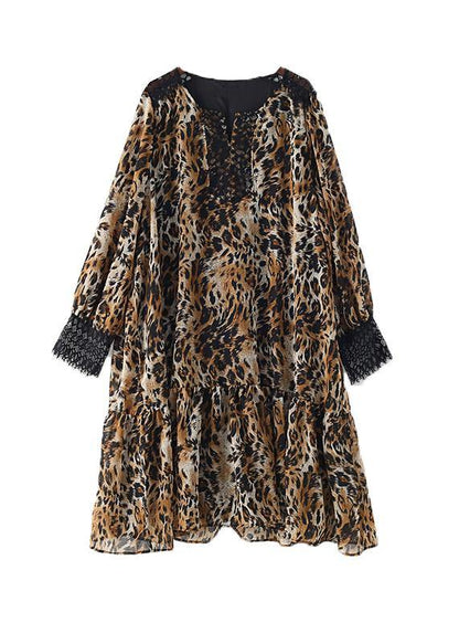Simple lapel patchwork chiffon dress Casual Work Outfits Leopard A Line Dress - SooLinen