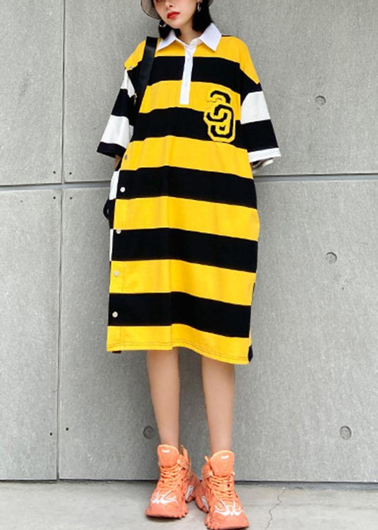 Simple lapel pockets Cotton tunic pattern Inspiration yellow striped Dress - SooLinen