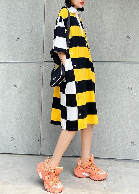 Simple lapel pockets Cotton tunic pattern Inspiration yellow striped Dress - SooLinen