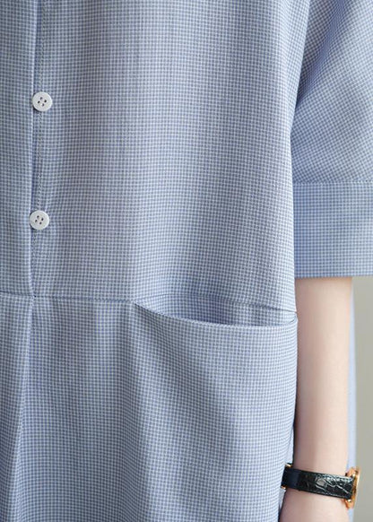 Simple lapel pockets linen dresses Ideas blue gray Plaid Dress summer - SooLinen