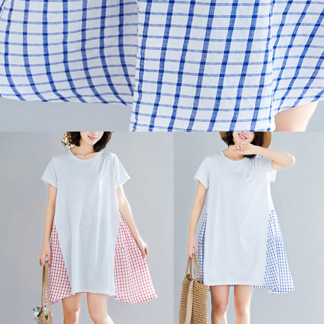 Simple large hem Cotton clothes Women Indian Shirts blue Plaid Knee Dress Summer