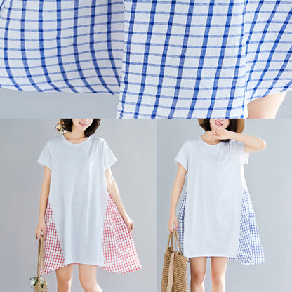 Simple large hem Cotton clothes Women Indian Shirts blue Plaid Knee Dress Summer