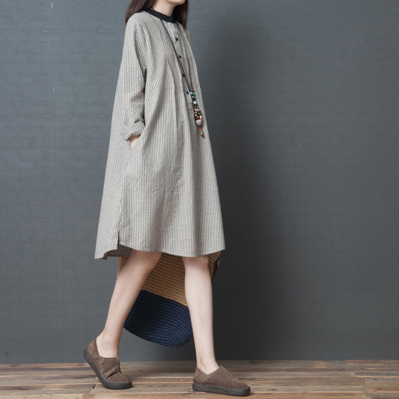 Simple long sleeve linen dress Organic Work Outfits black striped Art Dress stand collar