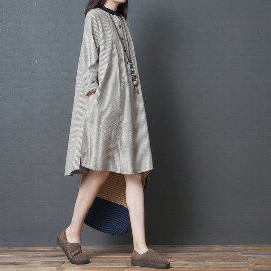 Simple long sleeve linen dress Organic Work Outfits black striped Art Dress stand collar