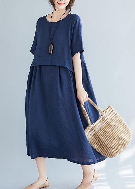 Simple navy cotton quilting dresses o neck pockets loose summer Dress - SooLinen