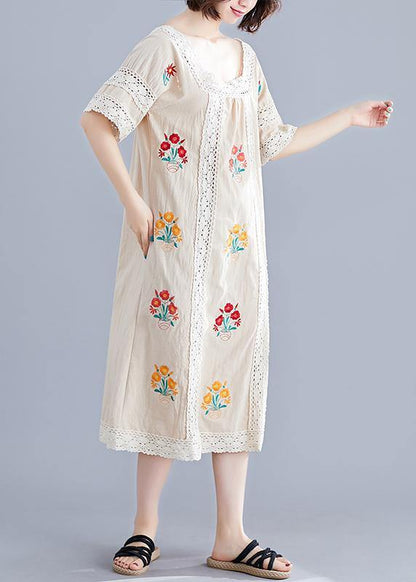 Simple nude embroidery cotton clothes o neck pockets robes summer Dress - SooLinen