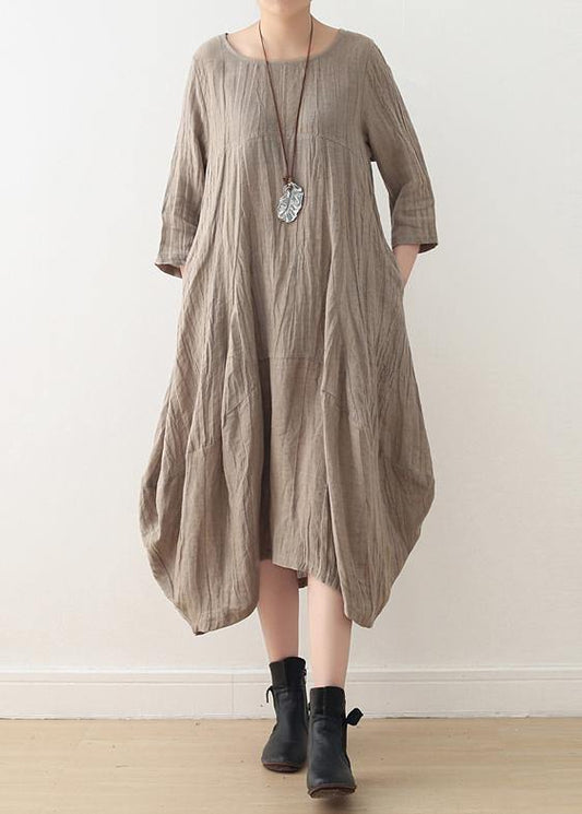 Simple nude linen Long Shirts o neck asymmetric linen robes Dresses - SooLinen