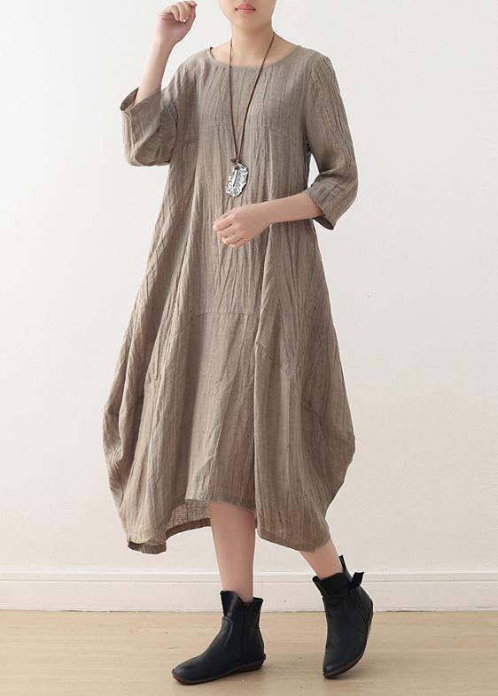 Simple nude linen Long Shirts o neck asymmetric linen robes Dresses - SooLinen
