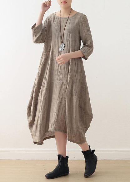 Simple nude linen Long Shirts o neck asymmetric linen robes Dresses - SooLinen