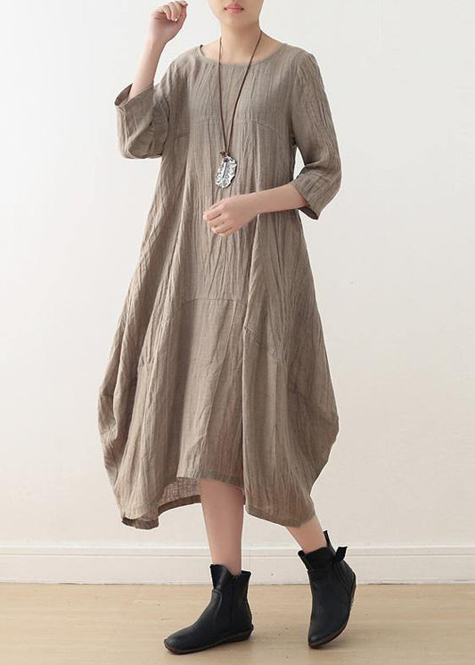 Simple nude linen Long Shirts o neck asymmetric linen robes Dresses - SooLinen
