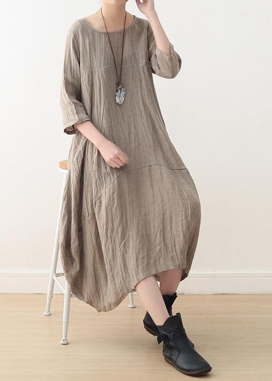 Simple nude linen Long Shirts o neck asymmetric linen robes Dresses - SooLinen