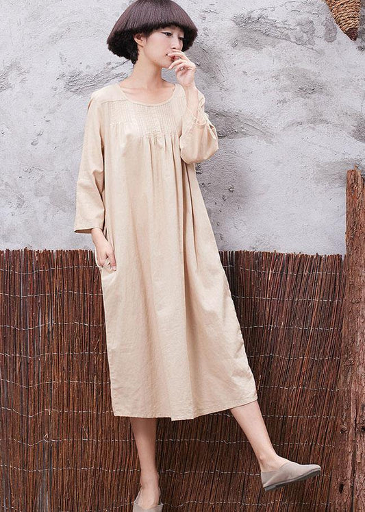 Simple nude linen quilting dresses Cinched Robe summer Dress - SooLinen