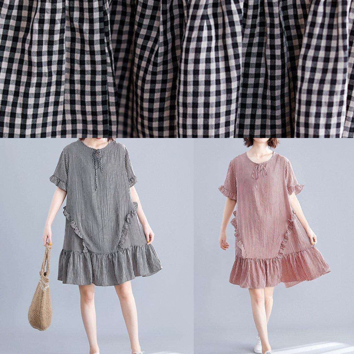 Simple o neck Ruffles Cotton clothes Inspiration red plaid Dress - SooLinen
