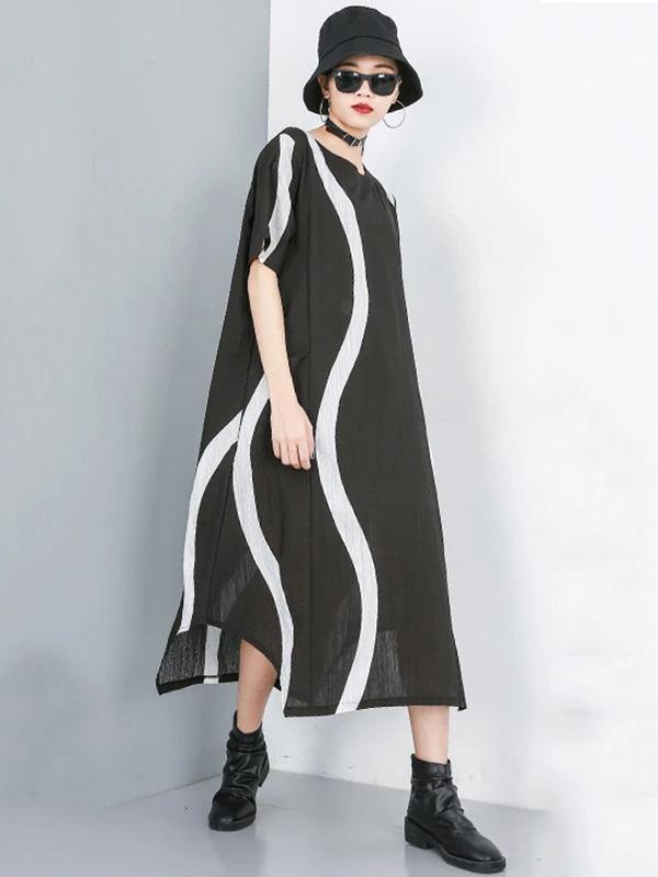 Simple o neck asymmetric cotton dress black striped Dress - SooLinen