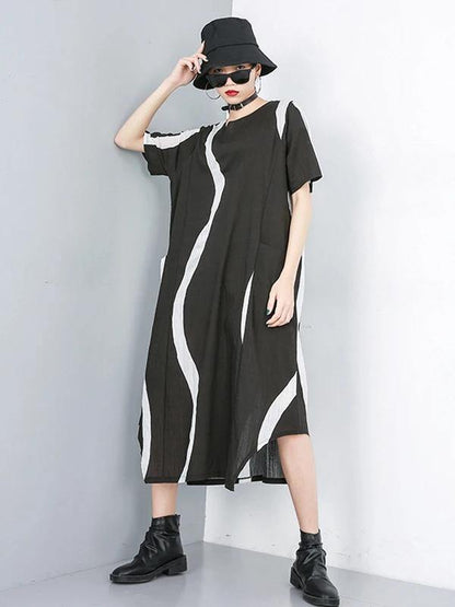Simple o neck asymmetric cotton dress black striped Dress - SooLinen