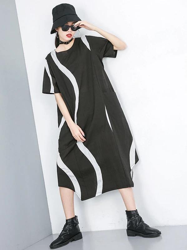 Simple o neck asymmetric cotton dress black striped Dress - SooLinen