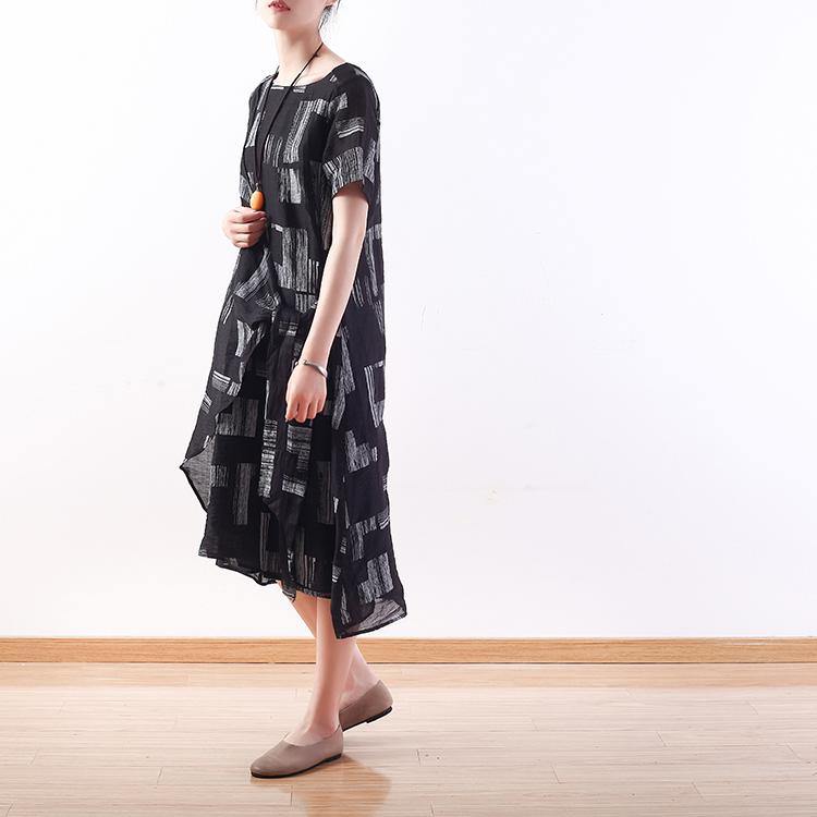Simple o neck asymmetric linen dresses black print Dress - SooLinen