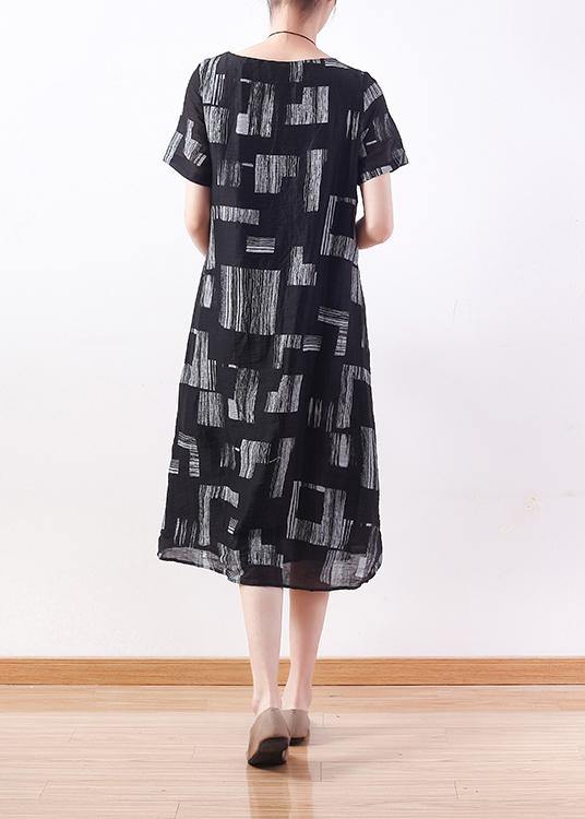 Simple o neck asymmetric linen dresses black print Dress - SooLinen