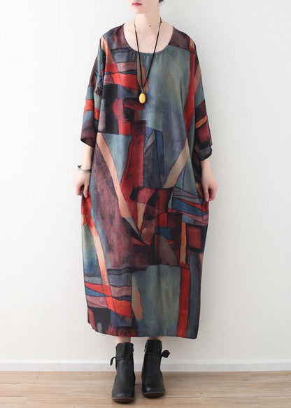 Simple o neck chiffon clothes Women Outfits red green patchwork color Robe Dresses summer - SooLinen