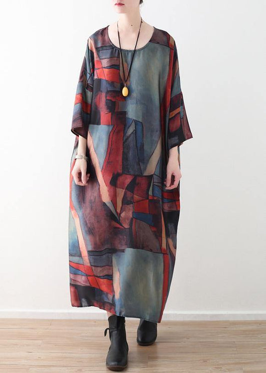 Simple o neck chiffon clothes Women Outfits red green patchwork color Robe Dresses summer - SooLinen