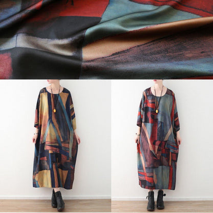 Simple o neck chiffon clothes Women Outfits red green patchwork color Robe Dresses summer - SooLinen