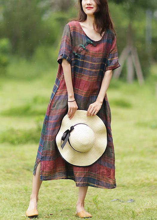Simple o neck half sleeve linen summer dresses Photography plaid Dress - SooLinen
