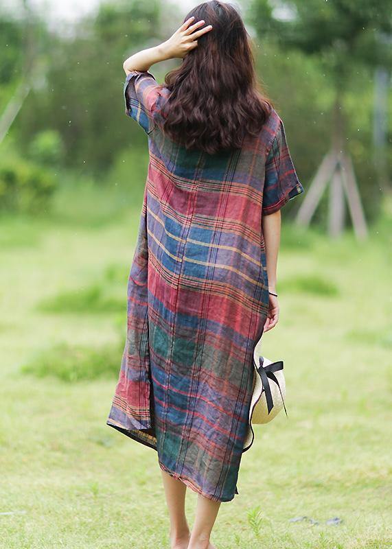 Simple o neck half sleeve linen summer dresses Photography plaid Dress - SooLinen