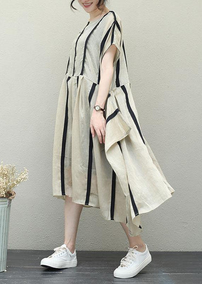 Simple o neck patchwork linen clothes For Women design khaki striped Dresses - SooLinen