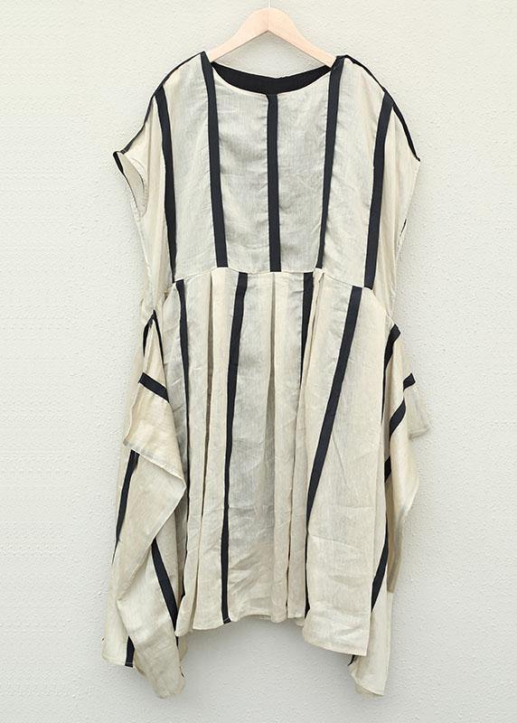 Simple o neck patchwork linen clothes For Women design khaki striped Dresses - SooLinen