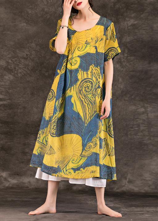 Simple o neck patchwork linen dress Photography yellow print Dresses summer - SooLinen