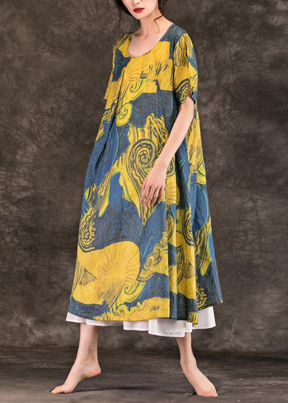 Simple o neck patchwork linen dress Photography yellow print Dresses summer - SooLinen