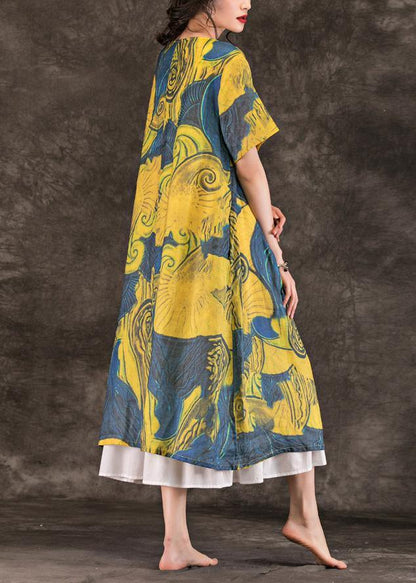 Simple o neck patchwork linen dress Photography yellow print Dresses summer - SooLinen