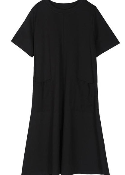 Simple o neck pockets Cotton blended tunic dress Tutorials black Dress summer - SooLinen