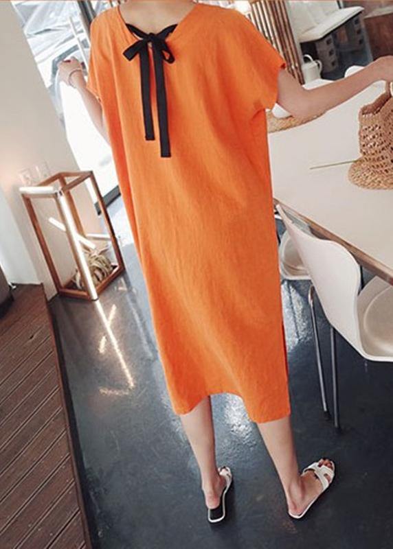 Simple o neck side open Cotton Wardrobes Photography orange Dress - SooLinen