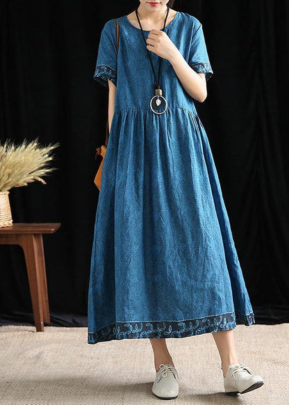 Simple o neck Cinched cotton outfit Tutorials blue print Dresses - SooLinen