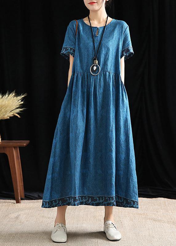 Simple o neck Cinched cotton outfit Tutorials blue print Dresses - SooLinen