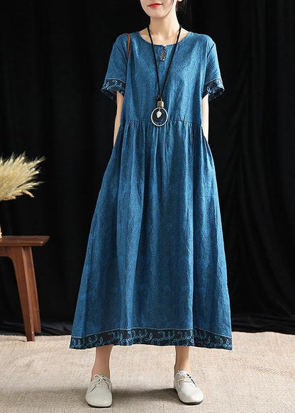 Simple o neck Cinched cotton outfit Tutorials blue print Dresses - SooLinen